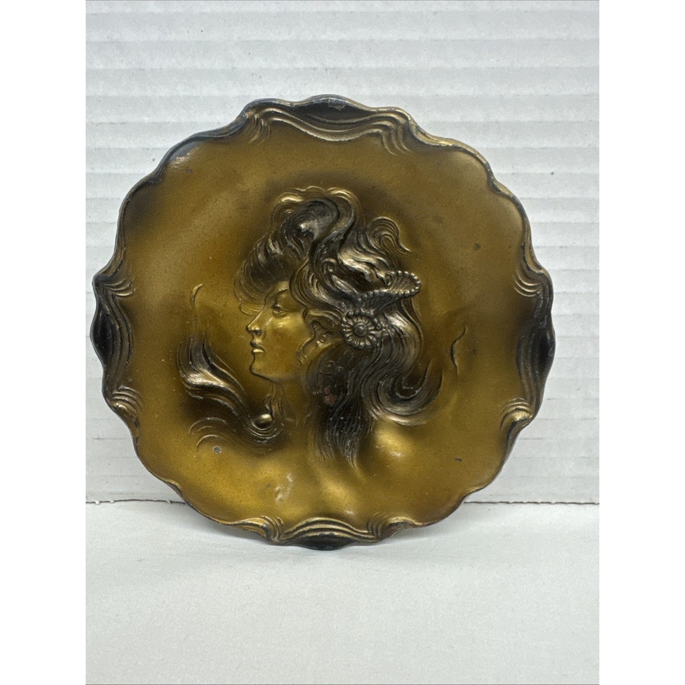 Vintage Art Nouveau Female Portrait Metal Trinket Jewelry Bronze Dish Tray 5"